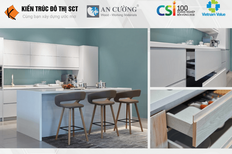 Ảnh công trình nội thất sử dụng gỗ An Cường đồng bộ từ tủ bếp, tủ quần áo đến vách trang trí