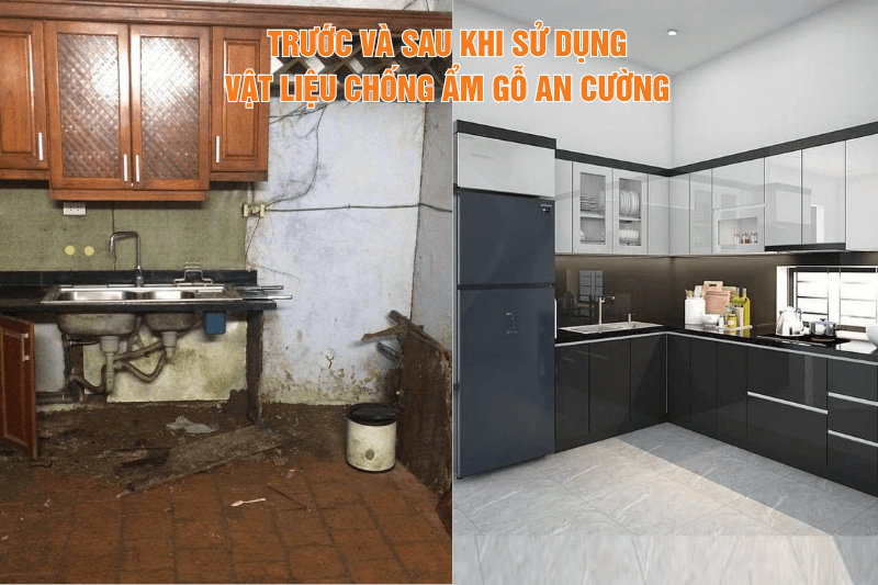 Hình ảnh so sánh trước-sau hoặc tủ bếp_vách ốp tường sử dụng vật liệu chống ẩm cao cấp