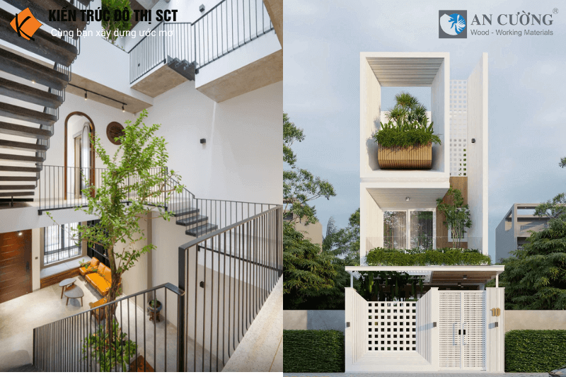 Mẫu nhà phố có nhiều mảng xanh, giếng trời